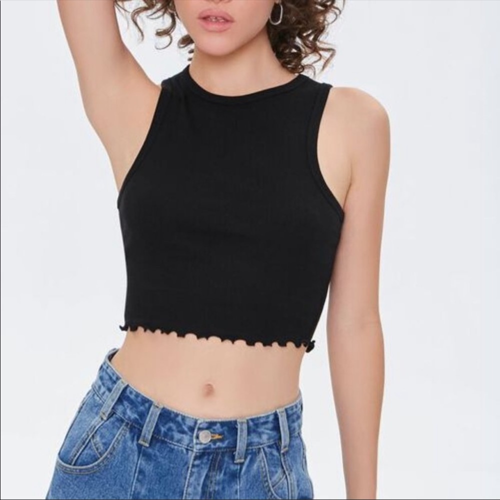 Forever 21 Black Ribbed Lettuce-Edge Tank Top